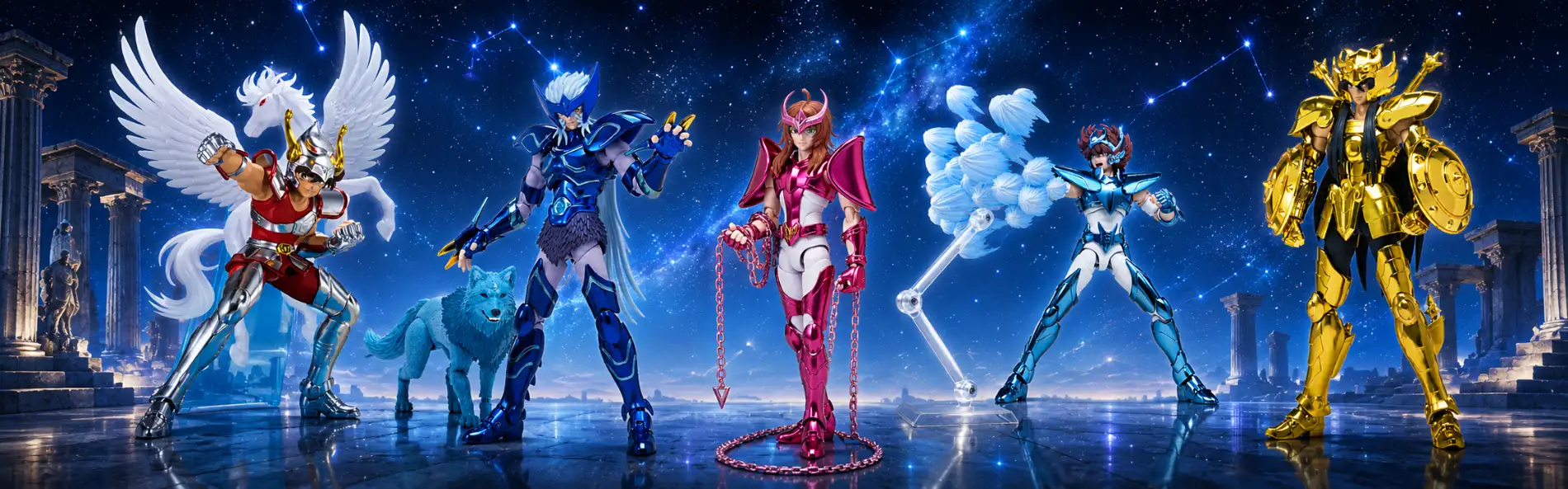 Figurines saint seiya avec un fond